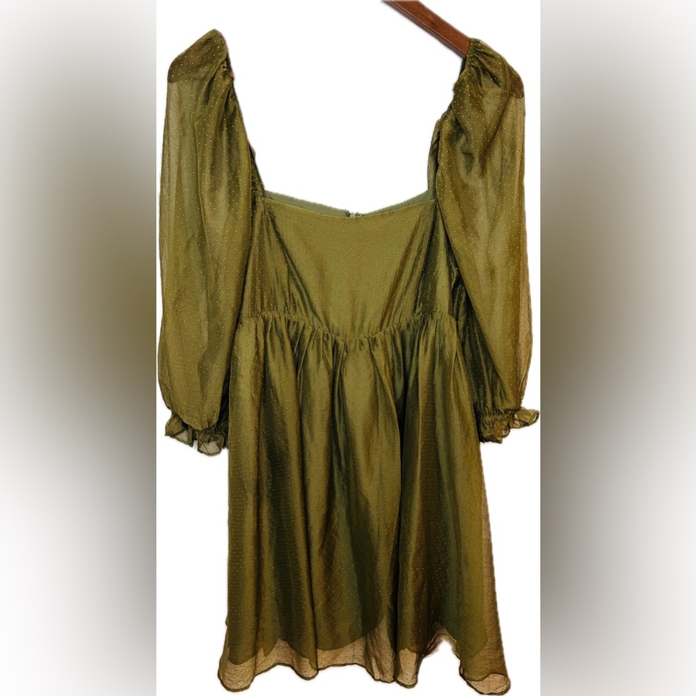 Storia BabyDoll Olive Green Gold Dotted Dress square neck Women size large